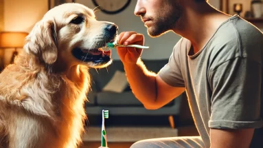 A playful dog holding a toothbrush, representing the importance of dog dental care.