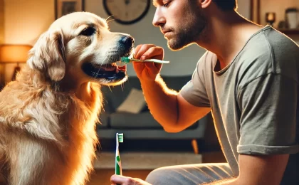 A playful dog holding a toothbrush, representing the importance of dog dental care.